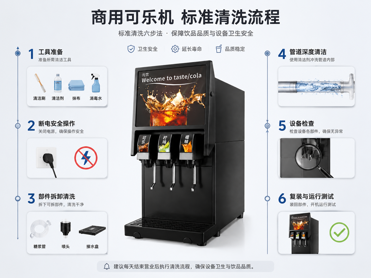 元饮简伯商用可乐机标准清洗流程示意图